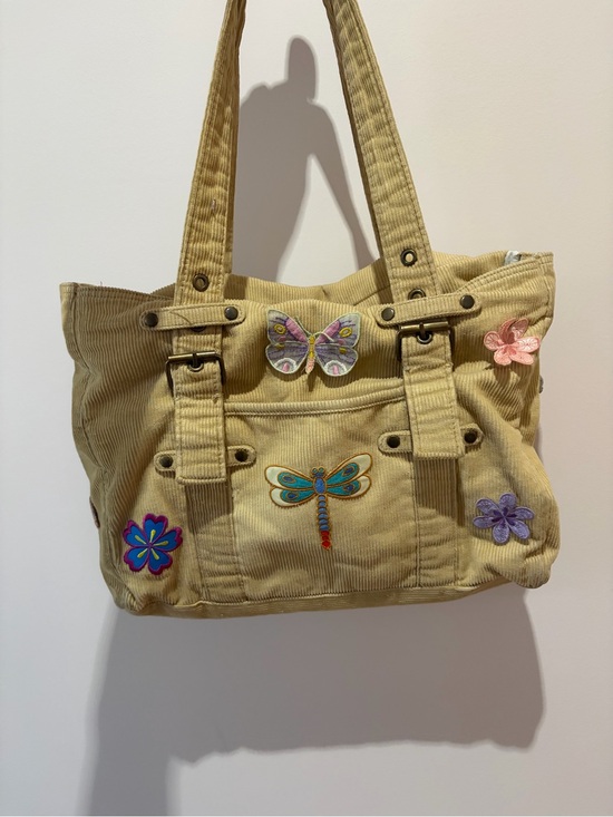 Vintage Handbags - Y2K Corduroy Butterfly Dragonfly Animals Floral Patch Tote Bag in Tan Beige
